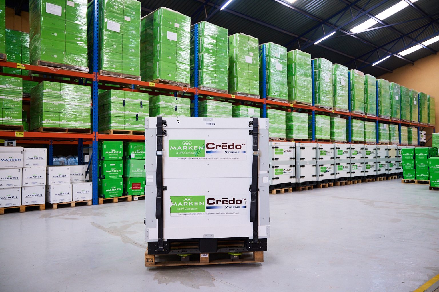 Pallets of Marken Crédo Xtreme shipping units in the warehouse